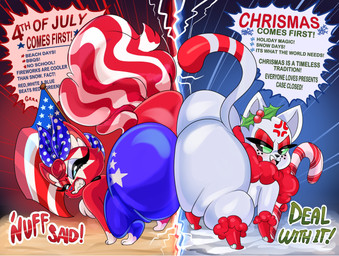american_flag angry between_butts big_butt blue_body blue_fur bow_ribbon butt candy candy_cane cross-popping_vein dessert dipstick_tail duo eyeshadow female feral food freckles fur green_sclera half-closed_eyes holly_(plant) huge_butt leg_markings makeup markings multicolored_body multicolored_fur narrowed_eyes plant red_body red_eyeshadow red_fur red_markings socks_(marking) striped_markings striped_tail stripes tail tail_markings text united_states_of_america white_body white_fur unknown_artist junipurr summurr_murrica domestic_cat felid feline felis mammal 2026 absurd_res digital_drawing_(artwork) digital_media_(artwork) english_text hi_res