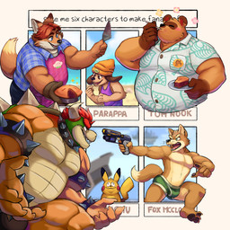 5_fingers aloha_shirt ambiguous_gender anthro apron armband beanie belly bodily_fluids bottomwear bracelet brown_body brown_fur bulge clothed clothing collar dessert eyebrows fingers food fur group gun hair hat headgear headwear horn jewelry male male_focus musclegut muscular muscular_anthro muscular_male overweight overweight_anthro overweight_male pastry pattern_clothing pattern_shirt pattern_topwear pecs pie ranged_weapon red_hair shell shirt smile spiked_armband spiked_bracelet spiked_collar spiked_shell spikes spikes_(anatomy) tank_top text topless topless_male topwear underwear weapon brunchpup animal_crossing disney mario_bros nintendo parappa_the_rapper pokemon six_fanarts_challenge sony_corporation sony_interactive_entertainment star_fox super_smash_bros. super_smash_bros._ultimate zootopia bowser fox_mccloud gideon_grey parappa tom_nook_(animal_crossing) canid canine canis domestic_dog fox generation_1_pokemon koopa mammal pikachu pokemon_(species) raccoon_dog red_fox rodent scalie tanuki true_fox 1:1 2020 digital_media_(artwork) english_text hi_res meme