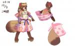 anthro armor asian_clothing breasts chest_wraps clothed clothing collar east_asian_clothing eyes_closed female flower footwear gauntlets geta gloves gourd handwear japanese_clothing kimono melee_weapon navel plant sandals shoes simple_background solo text weapon white_background wraps ni_jikan canid canine mammal raccoon_dog tanuki japanese_text signature