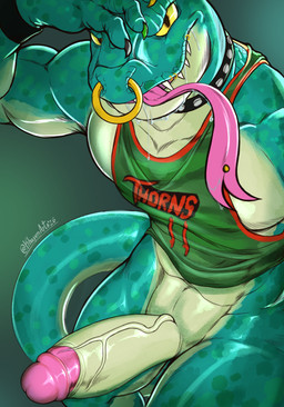 abs abstract_background anthro armwear basketball_clothing basketball_jersey basketball_uniform biceps big_penis biped black_claws bodily_fluids claws clothing collar erection facial_piercing foreskin forked_tongue genitals glans green_body green_claws green_clothing green_markings green_shirt green_tank_top green_topwear humanoid_genitalia humanoid_penis lip_piercing long_tongue looking_at_viewer male markings mouth_piercing multicolored_body muscular muscular_anthro muscular_male navel nose_piercing nose_ring number_on_clothing number_on_jersey number_on_topwear overbite painted_claws pecs penis piercing pink_tongue pupils retracted_foreskin ring_piercing saliva saliva_on_tongue saliva_string scales sharp_teeth shirt simple_background slit_pupils smile smiling_at_viewer smirk smirking_at_viewer solo sportswear sweatband tan_body tan_penis tank_top teeth text text_on_clothing text_on_shirt text_on_tank_top text_on_topwear tongue tongue_piercing topwear triceps two_tone_body uniform vein veiny_penis ventral_scales yellow_claws yellow_sclera khayen goat_(movie) sony_corporation sony_pictures modo_olachenko komodo_dragon lizard monitor_lizard reptile scalie 2026 absurd_res artist_name colored digital_drawing_(artwork) digital_media_(artwork) english_text hi_res portrait shaded signature three-quarter_portrait
