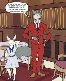 anthro belt bottomwear buffet chair claws clothing collared_shirt detailed_background dialogue dress dress_shirt duo eyes_closed facial_scar female footwear fur furniture grey_body grey_fur hand_behind_head hand_on_belly hand_on_hip inside male pants restaurant scar shirt shoes size_difference smile speech_bubble suit table tablecloth text topwear undershirt white_body white_fur basicbiscuit beastars haru_(beastars) legoshi_(beastars) canid canine canis domestic_rabbit dwarf_rabbit lagomorph leporid mammal netherland_dwarf_rabbit oryctolagus rabbit wolf 2022 absurd_res english_text hi_res watermark