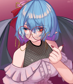 bare_shoulders blue_hair breasts clothing dress eyewear fangs female fingernails fishnet_clothing fishnet_topwear glasses grin hair humanoid_pointy_ears looking_at_viewer nails one_eye_closed pink_clothing pink_dress pointy_ears round_glasses sharp_fingernails sharp_nails simple_background smile solo teeth topwear wearing_glasses wings wink zakozako_y touhou remilia_scarlet humanoid vampire winged_humanoid hi_res