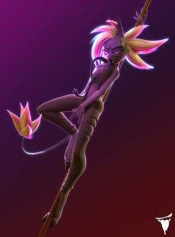 anthro black_claws bottomwear breasts claws clothed clothing dancing devil_horns_(gesture) female flat_chested forked_tongue gesture gradient_background grey_body grey_skin hair hand_gesture hand_on_pole hooves long_tongue nipples pants pink_eyes pink_hair pole pole_dancing purple_background purple_body purple_skin purple_tongue red_background sharp_teeth simple_background solo teeth tongue topless topless_anthro torn_bottomwear torn_clothing torn_pants white_hair bmbrigand arete unknown_species 2025 3d_(artwork) blender_(artwork) digital_media_(artwork) hi_res watermark