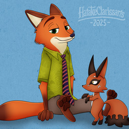 anthro duo ears_up male male/male paws tail hatakeclarissarts disney nintendo pokemon zootopia nick_wilde canid canine fox generation_8_pokemon mammal nickit pokemon_(species) red_fox true_fox 1:1 crossover digital_drawing_(artwork) digital_media_(artwork) hi_res