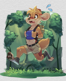 anthro backpack black_eyes blonde_hair brown_body brown_fur clock clothed clothing female fur grass hair open_mouth pawpads plant running solo tan_body tan_fur tongue tongue_out tree watch wristwatch reign-2004 canid canine mammal 2018 digital_media_(artwork) shaded