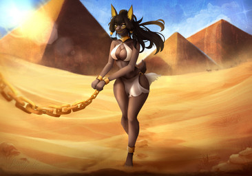 anthro bandage barefoot bodily_fluids bottomwear brown_body chain chain_leash clothed clothing collar crying cuff_(restraint) desert egyptian feet female gag gold_(metal) gold_jewelry hair handcuffs jewelry leash light loincloth long_hair metal_cuffs mostly_nude partially_clothed ponytail restraints sand shackles slave solo sunlight sweat tears veil yellow_eyes billy_bo canid canine canis jackal mammal absurd_res hi_res