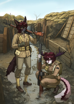 5_fingers anthro antlers backpack biped bottomwear breasts brown_eyes clothed clothed_anthro clothed_female clothing day duo ear_piercing female fingers footwear front_view fully_clothed fully_clothed_anthro fully_clothed_female fur gloves green_eyes gun hair handwear holding_gun holding_object holding_ranged_weapon holding_weapon horn huot looking_at_viewer military military_uniform mud outside pants piercing ranged_weapon rifle shoes sky sniper_rifle soldier standing tail topwear trench uniform warrior weapon world_war_1 pgm300 leslie_aufenberg canid canine canis deer domestic_dog hybrid mammal moose new_world_deer 2025 absurd_res digital_drawing_(artwork) digital_media_(artwork) hi_res