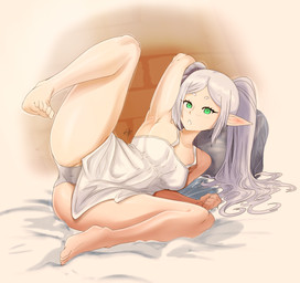 bed bottom_heavy breasts clothing eyelashes feet female furniture green_eyes grey_hair hair hand_behind_head humanoid_pointy_ears looking_at_viewer lying nightgown on_bed on_side open_mouth panties pigtails pointy_ears raised_leg small_breasts solo tan_body tan_skin thick_thighs underwear white_clothing white_panties white_underwear wide_hips conditional_dnp jaynatorburudragon frieren_beyond_journey's_end frieren elf humanoid absurd_res hi_res