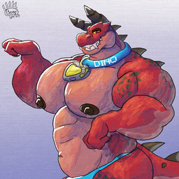 anthro biceps big_muscles big_nipples big_pecs cocky collar confident flexing gradient_background grin grinning_at_viewer half-closed_eyes looking_at_viewer male muscular muscular_arms muscular_male narrowed_eyes nipples pecs red_body red_eyes red_skin simple_background smile smiling_at_viewer solo spikes tail technology yellow_sclera berspring marvel marvel_rivals moon_girl_and_devil_dinosaur devil_dinosaur_(moon_girl_and_devil_dinosaur) dinosaur humanoid prehistoric_species reptile scalie 1:1 absurd_res digital_drawing_(artwork) digital_media_(artwork) hi_res