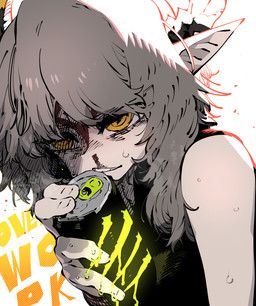 ambiguous_gender beverage beverage_can biting_object blank_stare blood bodily_fluids clothing empty_eyes energy_drink eye_bags facial_markings grey_hair hair head_markings holding_beverage holding_object horn markings nosebleed pointy_ears shirt solo sweat tank_top text topwear yellow_eyes ssambatea unnamed_character ambiguous_species elf humanoid hi_res