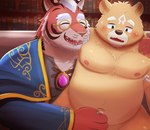 anthro belly blush brown_body brown_fur duo eyes_closed eyewear foreskin fur genitals glasses handjob humanoid_hands kemono male moobs nipples overweight overweight_male penile penis sex inugamihito crave_saga gabu_(crave_saga) remaias_(crave_saga) bear felid mammal pantherine tiger 2023