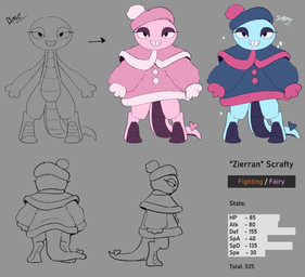 ambiguous_gender anthro biped blue_body blue_clothing blue_coat blue_hat blue_headwear blue_topwear clothing coat hat headgear headwear pink_body pink_clothing pink_coat pink_hat pink_headwear pink_topwear solo stats topwear cuchuflin fakemon nintendo pokemon generation_5_pokemon pokemon_(species) regional_form_(pokemon) scrafty shiny_pokemon hi_res model_sheet