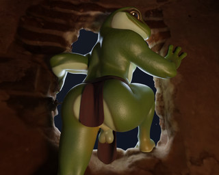 anthro backsack balls bottomwear brown_eyes butt cloth clothed clothing countershading genitals green_body ineffective_clothing ineffective_loincloth loincloth looking_at_viewer looking_back looking_back_at_viewer male smile solo no-name-no-problem amphibian frog 3d_(artwork) 5:4 digital_media_(artwork) hi_res