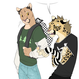anthro backpack biped black_clothing black_shirt black_topwear cigarette claws clothed clothing countershade_fur countershade_neck countershading duo fingers fur green_clothing green_shirt green_topwear male shirt simple_background topwear whiskers white_background tysonfurybattlepass cheetah cougar felid feline mammal 1:1 hi_res