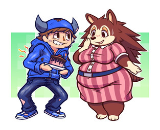 anthro armor barefoot bent_legs big_breasts birthday_cake black_nose blue_bottomwear blue_clothing blue_footwear blue_hoodie blue_jeans blue_pants blue_shoes blue_sneakers blue_topwear blush blush_lines bodily_fluids bottomwear breasts brown_body brown_eyes brown_hair button_(fastener) cake candle candy chocolate closed_smile clothing denim denim_bottomwear denim_clothing dessert dirty dress duo emanata fair_skin feet female food footwear freckled_face freckles fruit gloves_(marking) green_background hair hand_on_cheek headgear helmet hoodie horn horned_helmet jeans leg_markings looking_at_another looking_at_cake looking_at_food looking_at_object male markings mouth_closed open_mouth open_smile overweight overweight_anthro overweight_female pain pants pattern_clothing pattern_dress pink_clothing pink_dress pink_nose plant quill_hair quills_(anatomy) scuff_marks shoes short_tail simple_background smile sneakers socks_(marking) strawberry striped_clothing striped_dress striped_markings striped_tail stripes sweat sweatdrop tail tail_markings thick_thighs topwear white_background white_body wide_hips guywiththepie animal_crossing nintendo sable_able villager_(animal_crossing) eulipotyphlan hedgehog human mammal 2025 widescreen