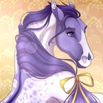 ambiguous_gender bow_ribbon eyebrows facial_markings feral hair head_markings looking_aside mane markings multicolored_body purple_eyes purple_hair purple_mane simple_background solo two_tone_body drizer soma_silvertongue_(wasen) equid equine horse mammal 1:1 2023 bust_portrait digital_media_(artwork) hi_res portrait male_(lore)