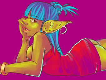 arm_support bangle big_butt blue_hair bracelet butt curvy_figure ear_piercing female hair hair_bun humanoid_pointy_ears jewelry leaning_on_elbow lips looking_at_viewer not_furry piercing pink_lips pointy_ears red_eyes solo voluptuous yellow_body yellow_skin unknown_artist blizzard_entertainment warcraft goblin humanoid 4:3 pink_theme