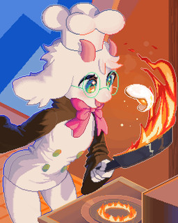2_horns anthro appliance biped blush bow_ribbon chef_hat chef_uniform clothed clothing cooking egg_(food) eyewear fire floppy_ears fluffy fur glasses glistening glistening_eyes green_eyes hat head_tuft headgear headwear horn kitchen male open_mouth open_smile pan pink_horn smile snout solo stove tuft wearing_glasses white_body white_fur unkokat deltarune undertale_(series) ralsei bovid caprine darkner goat mammal 2025 digital_drawing_(artwork) digital_media_(artwork) hi_res pixel_(artwork)