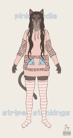 anthro brown_body brown_fur brown_hair clothing costume female fur hair hoodie inner_ear_fluff legwear long_hair multicolored_body orange_eyes pattern_clothing pattern_legwear pattern_stockings pink_clothing pink_hoodie pink_stockings pink_topwear pockets solo standing stockings striped_clothing striped_legwear striped_stockings stripes tail text text_on_clothing topwear tuft two_tone_body white_clothing white_legwear white_stockings ocelotka microsoft the_elder_scrolls ocelotka_(ocelotka) felid feline khajiit mammal digital_media_(artwork) english_text full-length_portrait hi_res model_sheet portrait