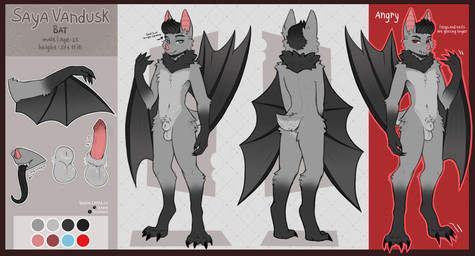 animal_genitalia anthro balls bat_nose bat_wings butt cheek_tuft claws digitigrade digitigrade_paws facial_tuft fangs fluffy fluffy_tail front_view fully_sheathed genitals long_ears long_tongue male membrane_(anatomy) membranous_wings nails neck_tuft penis rear_view sheath small_tail solo tail teeth text tongue tongue_out tuft unsheathing winged_arms wings shtein saya_vandusk bat mammal english_text hi_res model_sheet