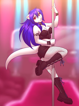 anthro boots bustier clothing dancing female fishnet_clothing footwear hair lingerie pole pole_dancing shoes solo stripper tail lockworkorange anariotter mammal mustelid otter digital_media_(artwork) hi_res shaded