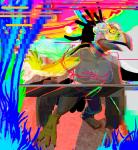 abstract_art abstract_background absurd_res accipitriform anthro avian avian_feet beak bird breasts clothed clothing colorful_theme digital_media_(artwork) feathers feet female glitch hi_res non-mammal_breasts open_mouth psychedelic secretary_bird secretary_bird_kauko shocked solo surprise swatcher transformation yellow_eyes