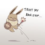 ambiguous_gender anthro dialogue eye_bags eyes_closed gradient_background holding_object holding_weapon jumping long_ears midair motion_lines open_mouth path_lines paws pink_tongue semi-anthro shadow shield simple_background solo tail text tongue weapon white_background wood wood_shield boke_(artist) capcom monster_hunter nintendo pokemon eevee generation_1_pokemon pokemon_(species) 1:1 2023 digital_media_(artwork) english_text