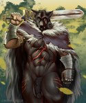 anthro armor balls bodily_fluids cape clothed clothing fur genitals hair male melee_weapon muscular nipples nude penis scar simple_background sky solo sword weapon ollie_rabbit elden_ring fromsoftware blaidd_(elden_ring) canid canine canis mammal wolf 5:6 absurd_res digital_media_(artwork) hi_res