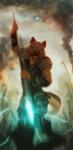 aircraft anthro armor black_nose brown_body brown_fur clothed clothing fangs fluffy fluffy_tail front_view fully_clothed fur headgear helmet holding_object holding_weapon inner_ear_fluff outside sky snarling solo tail teeth tongue tuft vehicle weapon seylyn stargate canid canine canis mammal wolf 2014 hi_res