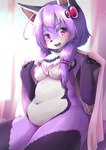 anthro blush breasts canid canine curvy_figure featureless_breasts female fur hair hi_res japanese_text kemono long_hair looking_at_viewer mammal medium_breasts navel nude open_mouth open_smile pawpads purple_body purple_fur purple_hair shiitakemeshi slightly_chubby smile solo teeth text voluptuous yuzuki_yukari