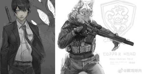 aiming aiming_weapon anthro black_bottomwear black_clothing black_hair black_pants black_suit bottomwear bulletproof_vest clothed clothing covered_eyes earpiece electronics eyewear fur glasses gloves goggles gun hair handgun handwear holding_gun holding_object holding_ranged_weapon holding_rifle holding_weapon holster holstered_pistol jacket katana logo long_pants looking_at_viewer magazine_(gun) male melee_weapon necktie open_mouth pants pistol radio ranged_weapon rifle safety_glasses scissors scope shirt simple_background solo standing suit suit_jacket sword sword_on_back tactical_gear tactical_gloves text topwear weapon white_clothing white_shirt white_topwear yoshi.kaoru canid canine canis human mammal wolf english_text half-length_portrait hi_res monochrome portrait sketch