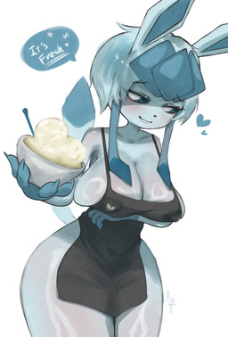 anthro anthrofied apron apron_only big_breasts bodily_fluids breasts clothing dessert female food heart_symbol ice_cream lactating lactating_through_clothing milk nipple_outline pokemorph solo text under_boob wet wet_clothing wide_hips moccimew nintendo pokemon eeveelution generation_4_pokemon glaceon pokemon_(species) absurd_res hi_res