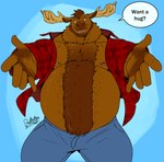 anthro antlers belly belly_fur big_belly body_hair bottomwear chest_fur clothing deadanthro deer denim denim_bottomwear denim_clothing happy_trail hi_res horn hug jacket jeans male mammal merrick_(denverthedragon) moose musclegut muscular new_world_deer pants pattern_clothing pattern_topwear plaid plaid_clothing plaid_jacket plaid_topwear solo topwear