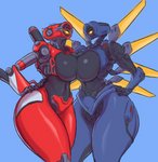 big_breasts black_body blue_body blue_legs breasts crossgender duo female hand_on_hip huge_breasts looking_at_viewer machine multicolored_body not_furry pose red_body red_legs simple_background thick_thighs three-quarter_view saidra apex_legends electronic_arts new_blood_interactive respawn_entertainment ultrakill pathfinder_(apex_legends) v1_(ultrakill) v2_(ultrakill) humanoid robot 2020 absurd_res hi_res