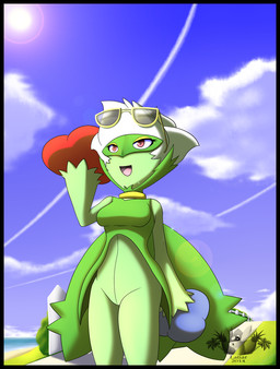 beach breasts clothed clothing cloud eyewear female flower green_body green_skin looking_up navel not_furry open_mouth outside plant pokemorph red_eyes seaside sky smile solo sun sunglasses tongue water latiar nintendo pokemon elemental_creature elemental_humanoid flora_fauna flower_creature flower_humanoid generation_4_pokemon humanoid plant_humanoid pokemon_(species) roserade 2014 hi_res