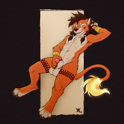 accessory animal_genitalia anthro athletic athletic_anthro athletic_male balls bracelet brown_hair claws ear_piercing eye_scar facial_scar finger_claws fur genitals hair hair_accessory hair_ring holding_sheath jewelry licking licking_lips looking_at_viewer male nude nude_anthro nude_male one_eye_closed orange_body orange_fur paws penis penis_tip piercing reclining scar sheath solo tail tail_tuft tattoo toe_claws tongue tongue_out tuft whisker_spots white_body white_fur yellow_eyes ferankee_(artist) final_fantasy final_fantasy_vii square_enix red_xiii felid feline mammal 1:1 digital_media_(artwork) hi_res