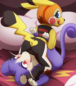3_toes anus black_nose blue_eyes butt camel_toe claws cleft_tail clothed clothed_feral clothing cosplay_pikachu_(costume) costume curled_tail dipstick_ears dipstick_tail duo ear_markings ears_back eyelashes feet feet_up female female/female feral fur leg_markings licking licking_lips long_ears long_tail looking_back markings multicolored_body multicolored_ears multicolored_fur multicolored_tail open_mouth partially_clothed pillow pinned pivoted_ears purple_body purple_fur red_eyes self_lick snout socks_(marking) tail tail_markings thin_tail tight_clothing toe_claws toes tongue tongue_out two_tone_body two_tone_fur white_body white_fur yellow_body yellow_fur darkmirage nintendo pokemon cosplay_pikachu_(character) pikachu_libre generation_1_pokemon pikachu pokemon_(species) rattata