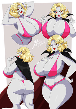 big_breasts big_butt bikini bikini_thong biped blonde_hair breasts butt clothing eyelashes fangs female hair huge_breasts huge_butt not_furry pupils red_eyes smile solo swimwear teeth thick_thighs tongue tongue_out two-piece_swimsuit white_body wide_hips jwinkz humanoid vampire 2025 hi_res