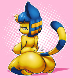 anthro areola big_breasts big_butt biped blue_hair breasts butt butt_squish egyptian featureless_feet feet female fur hair heart_eyes heart_symbol looking_at_viewer looking_back nipples nude pattern_background pink_background short_hair shortstack shortstack_female simple_background sitting slightly_chubby solo squish uraeus wariza wide_hips yellow_body yellow_fur conditional_dnp teckworks animal_crossing nintendo ankha_(animal_crossing) domestic_cat felid feline felis mammal 2018 digital_media_(artwork) signature