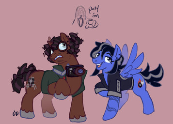 ambiguous_gender ambiguous_humanoid black_clothing black_jacket black_mane black_tail black_topwear blue_body blue_feathers blue_fur blue_wings brown_background brown_body brown_fur brown_mane brown_tongue camera clothed clothed_female clothed_feral clothed_male clothing cutie_mark ear_piercing ear_ring eyelashes feathering feathers female female_feral feral fur green_clothing green_eyes green_shirt green_topwear grey_eyes grey_hooves grey_mane grey_tail group hooves jacket larger_feral larger_male leg_tattoo male male_feral mane medium_mane multicolored_mane open_clothing open_shirt open_topwear piercing pink_tongue ponification quadruped ring_piercing shirt short_mane simple_background size_difference smaller_female smaller_feral spread_wings stubble tail tattoo teeth text tongue topwear trio two_tone_mane two_tone_tail unguligrade wavy_mane wavy_tail wings worried_look critterzone13 hasbro look_outside my_little_pony mythology jeanne_(look_outside) lyle_(look_outside) earth_pony equid equine horse humanoid mammal mythological_creature mythological_equine pegasus pony 2025 crossover digital_drawing_(artwork) digital_media_(artwork) english_description english_text flat_colors