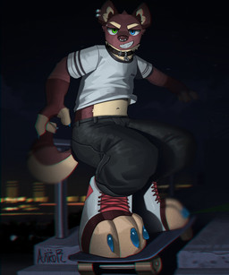 4_fingers anthro claws clothed clothing clothing_lift collar collar_tag ear_piercing facial_piercing fingers fur gloves_(marking) male markings multicolored_body multicolored_fur navel night nose_piercing piercing shirt shirt_lift skateboard skateboarding smile smiling_at_viewer solo tail toe_claws topwear vehicle ankorthewolf theo_(ankorthehyena) gulonine mammal marten mustelid musteline pine_marten 5:6 absurd_res hi_res signature