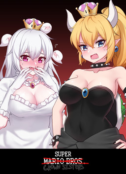 alternate_species blonde_hair blue_eyes blush bodily_fluids breasts cleavage clothed clothing collar crown duo ear_piercing ear_ring female gradient_background hair headgear horn humanoid_pointy_ears humanoidized long_hair not_furry open_mouth piercing pointy_ears purple_eyes ring_piercing simple_background spikes super_crown sweat teeth text white_hair narynn bowsette_meme luigi's_mansion mario_bros new_super_mario_bros._u_deluxe nintendo boosette bowser king_boo princess_king_boo boo_(mario) ghost horned_humanoid humanoid spirit english_text hi_res meme