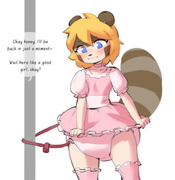 anthro blue_eyes blush choker clothed clothing crossdressing diaper diaper_fetish dress jewelry legwear lock locked locked_up male necklace pink_clothing pink_diaper pink_dress pink_stockings solo stockings text wearing_diaper borvar ashi_(ashizero) canid canine mammal raccoon_dog tanuki 2022 english_text hi_res