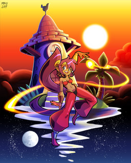 breasts clothing dark_body dark_skin ear_piercing female fire footwear hair humanoid_pointy_ears long_hair moon navel not_furry piercing pointy_ears ponytail purple_hair solo sun firiun shantae_(series) wayforward shantae genie humanoid 2019 absurd_res hi_res signature