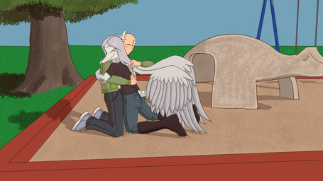 anthro bald bandage_on_head biped black_clothing black_shirt black_topwear blue_body blush bone_frill boots bottomwear canon_couple clothed clothed_female clothed_human clothed_male clothing day denim denim_bottomwear denim_clothing duo elbow_feathers eyes_closed feathered_wings feathers female footwear frill_(anatomy) furgonomic_bottomwear furgonomics green_clothing green_jacket green_topwear grey_body grey_feathers grey_hair hair happy hug human_on_anthro interspecies jacket jeans knee_boots knee_highs kneeling leaf legwear long_hair male male/female markings open_clothing open_jacket open_topwear outside pants park plant romantic romantic_couple sand shadow shirt shoes short_tail sky smile striped_markings stripes swingset tail topwear tree tree_carving wings areloch cavemanon_studios goodbye_volcano_high ko_op_(game_developer) snoot_game anon_(snoot_game) fang_(gvh) human mammal prehistoric_species pterodactylus pterosaur reptile scalie 16:9 4k absurd_res colored hi_res shaded widescreen