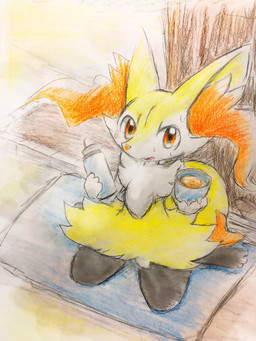 ambiguous_anthro ambiguous_gender anthro bodily_fluids container cup detailed_background dipstick_tail front_view high-angle_view holding_container holding_cup holding_object holding_thermos inside looking_at_viewer markings offering_beverage open_mouth sitting snout solo sweat tail tail_markings thermos wariza eiroru nintendo pokemon braixen canid generation_6_pokemon mammal pokemon_(species) 2018 3:4 colored_pencil_(artwork) colored_sketch full-length_portrait graphite_(artwork) hi_res japanese_description portrait sketch traditional_media_(artwork) translated_description