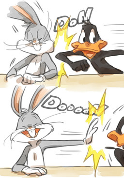 anthro beak black_eyes buckteeth clothing duo eyes_closed gloves handwear happy hitting looking_at_viewer male pink_ears pink_nose punch smile teeth whiskers mokako looney_tunes warner_brothers bugs_bunny daffy_duck anatid anseriform avian bird duck lagomorph leporid mammal rabbit