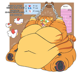 anthro bdsm belly belt big_belly bodily_fluids boots bound brown_background cake captured chain chained_cuffs claws clothing cuff_(restraint) cuffed_wrists dessert donation_drive donation_goal food footwear force_feeding forced fur green_eyes half-closed_eyes helpless huge_belly imperial_unit like_goal male meter moobs morbidly_obese morbidly_obese_anthro morbidly_obese_male mostly_nude narrowed_eyes nervous number obese obese_anthro obese_male open_belt open_mouth orange_body orange_fur overweight overweight_anthro overweight_male raised_arms restrained restraints retweet_goal shoes simple_background sitting solo stated_weight sweat teeth text torn_boots torn_clothing torn_footwear weight_gain whiskers cleanplague dreamworks puss_in_boots_(franchise) puss_in_boots_(dreamworks) domestic_cat felid feline felis mammal tabby_cat url