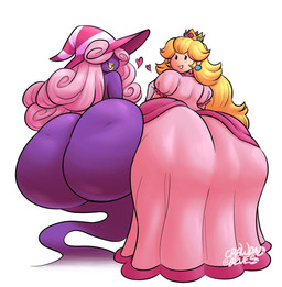 armwear big_butt big_hat black_eyes blonde_hair butt clothing crown curly_hair dress duo elbow_gloves female ghost_tail gloves hair handwear hat headgear headwear huge_butt lips long_hair pink_clothing pink_dress pink_hair purple_body purple_skin rear_view rosy_cheeks simple_background simple_face two_tone_hat white_background white_clothing white_hat white_headwear witch_hat yellow_lips crawdadblues mario_bros nintendo paper_mario princess_peach vivian_(mario) ghost human mammal shadow_siren spirit 2024 absurd_res digital_media_(artwork) hi_res trans_(lore) trans_woman_(lore)