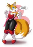 anthro boots bulge clothing cosplay crossgender eyeshadow footwear gloves gynomorph handwear heart_symbol intersex makeup mtg_crossgender mti_crossgender multi_tail shoes simple_background solo tail white_background glazed_(artist) sega sonic_the_hedgehog_(series) miles_prower canid canine fox mammal